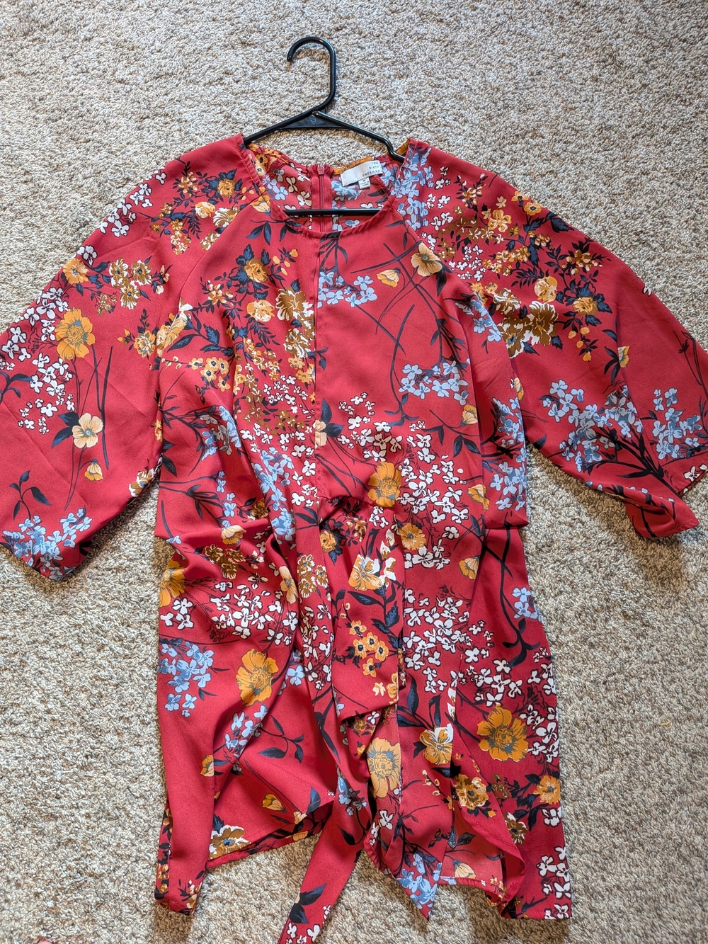 Ten Sixty Sherman Red Floral V-Neck Top with Blue Accents